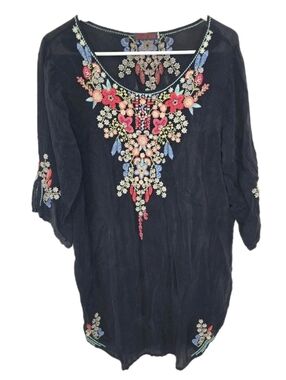 Johnny Was Blandine Embroidered Cupra Rayon Tunic Blouse Charcoal Grey Large L